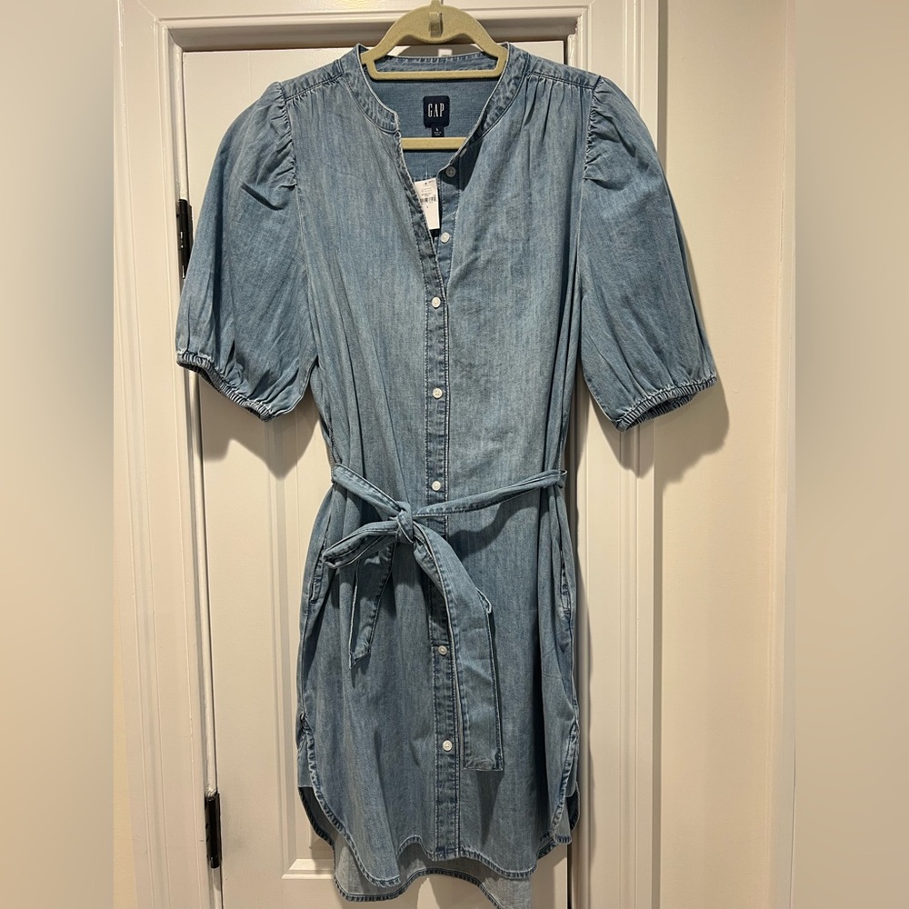 Denim Blue Puff-Sleeve Button-Up Dress